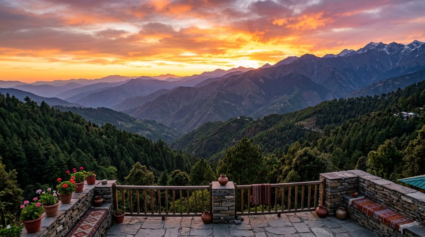 Panoramic Sunset Mountain Landscape from Homestay Terrace
